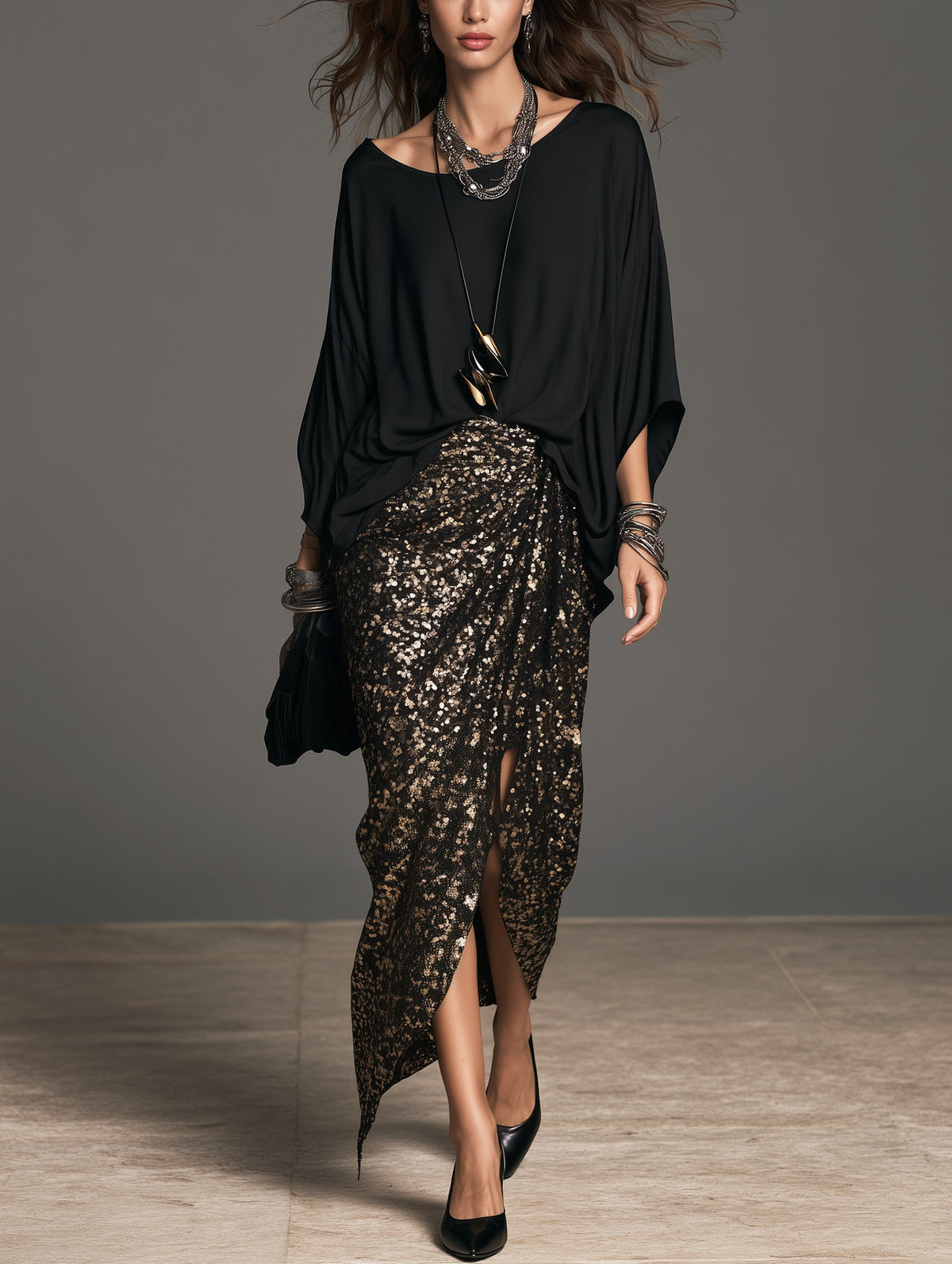 Elegant Black Satin Top And Sequin Skirt Two-Piece Set