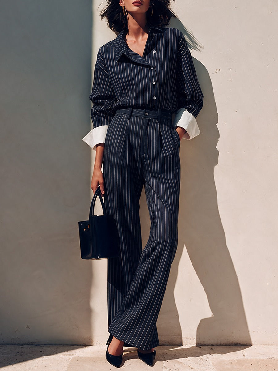 Elegant Asymmetric Button-Placket Striped Set