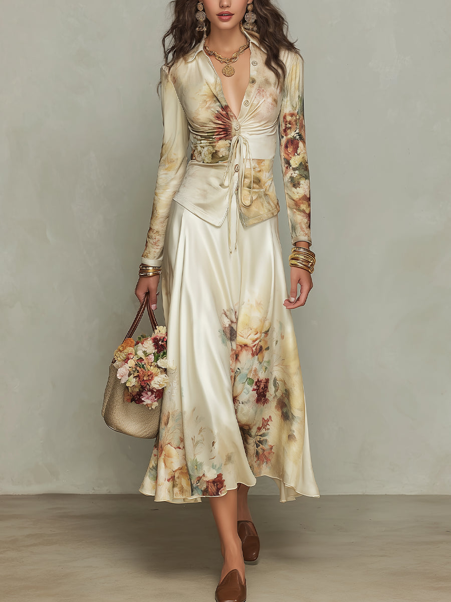 Elegant Ivory satin shirt and skirt set with floral print