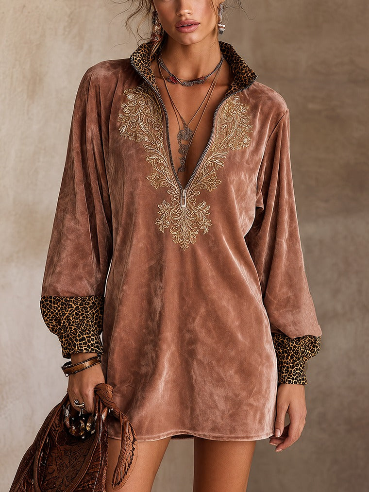 Pink velvet embroidered mini dress with leopard-print trim