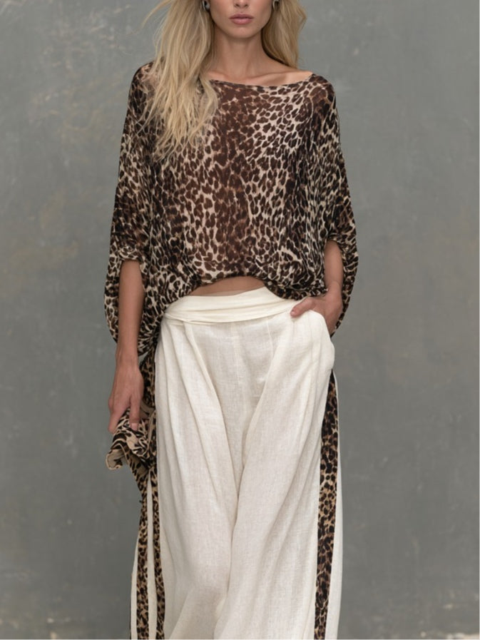 Leopard-print top and beige wide-leg trousers set