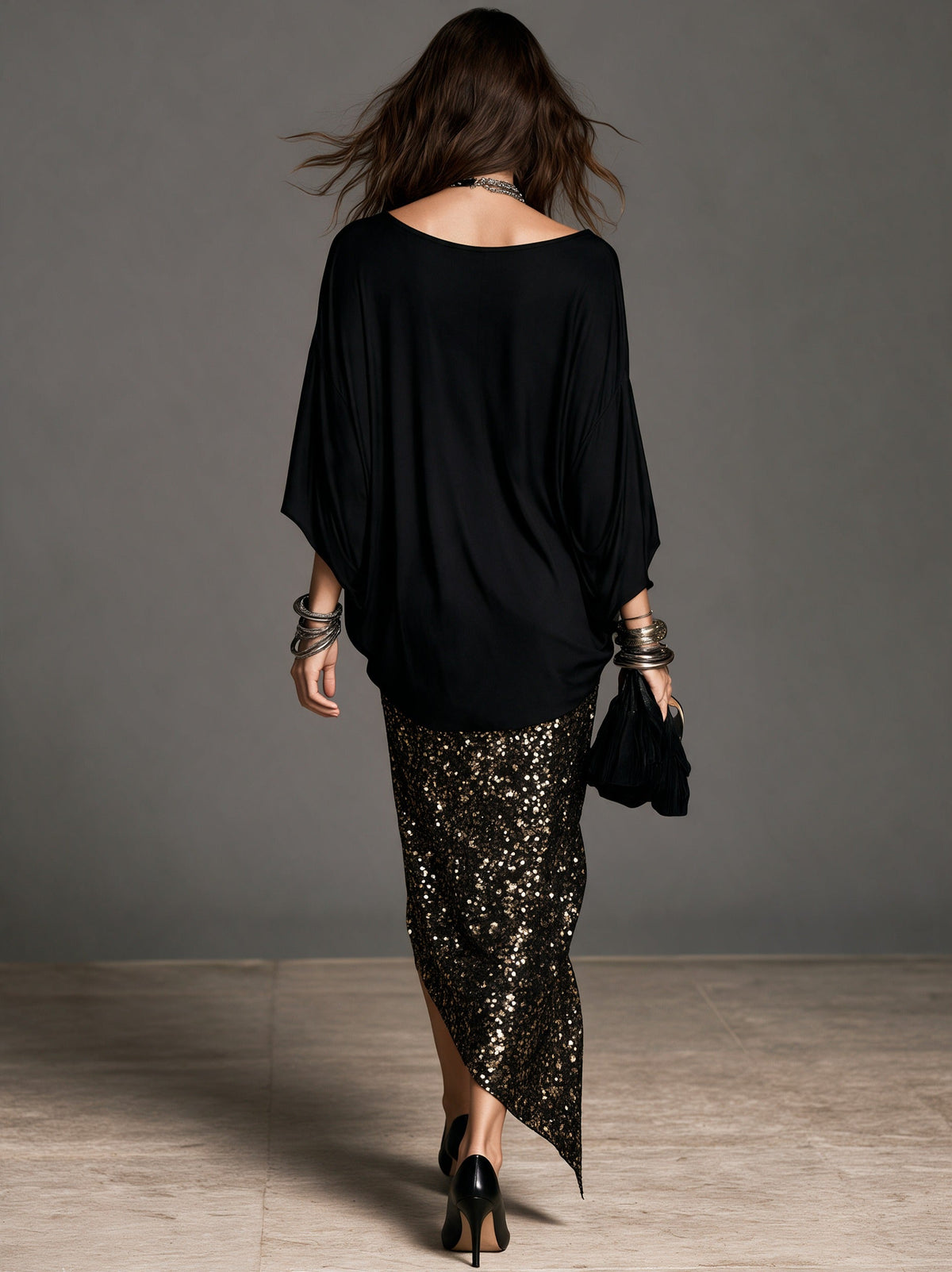 Elegant Black Satin Top And Sequin Skirt Two-Piece Set