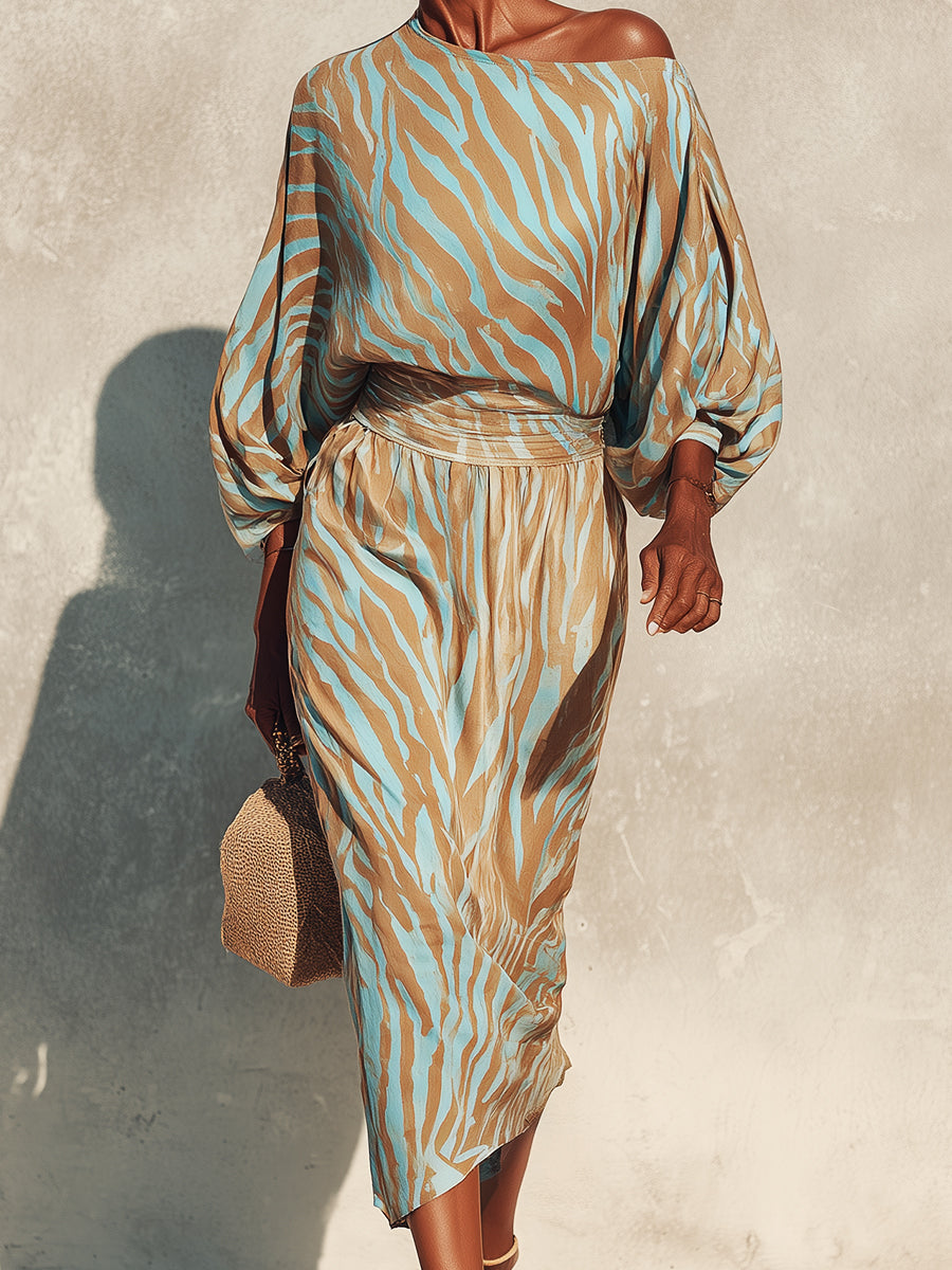 Casual Off-the-shoulder Zebra-print Batwing-sleeve Midi Dress