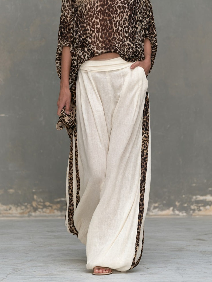 Leopard-print top and beige wide-leg trousers set