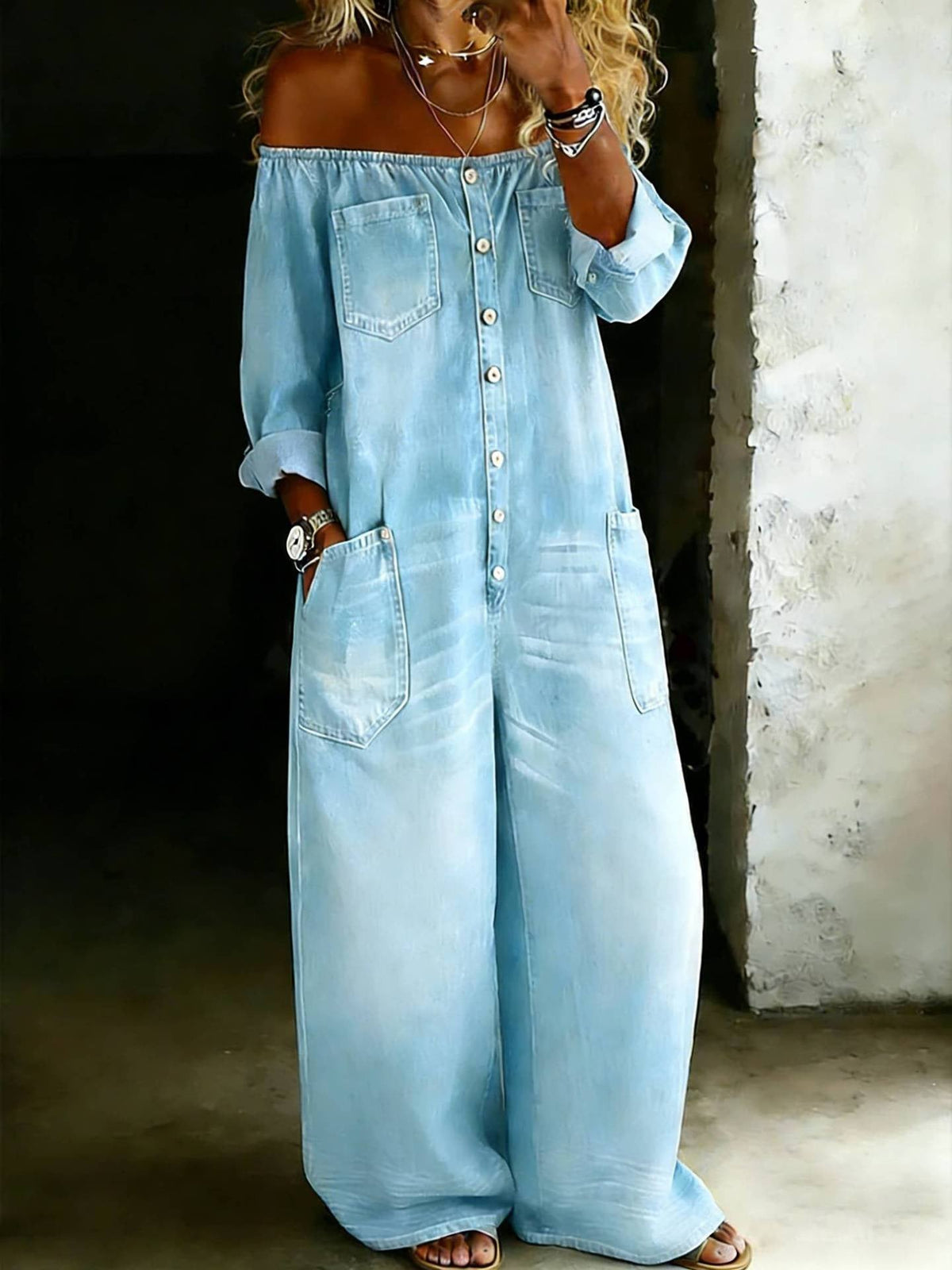 Fashionable single-breasted off-shoulder washed denim jumpsuit