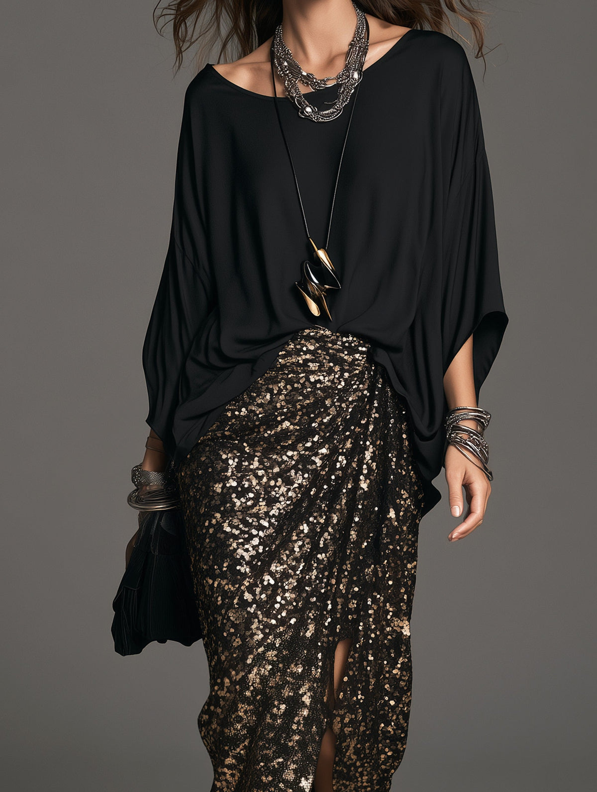 Elegant Black Satin Top And Sequin Skirt Two-Piece Set