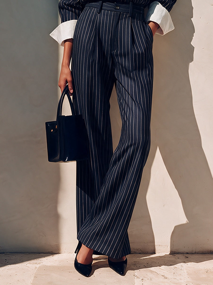 Elegant Asymmetric Button-Placket Striped Set