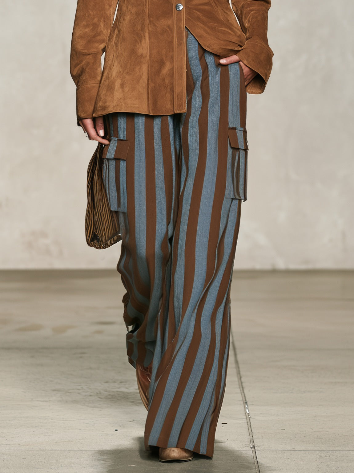 Retro Faux Suede Shirt And Vertical Striped Trousers Set