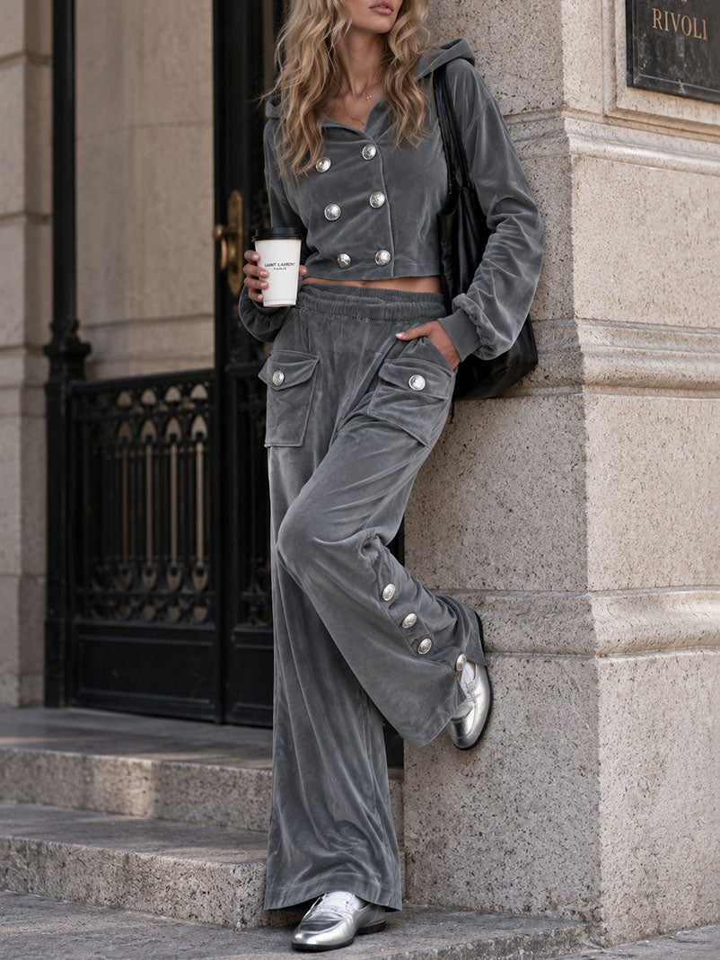 Grey Velvet Hooded Cropped Jacket Button Pants Two Piece Set