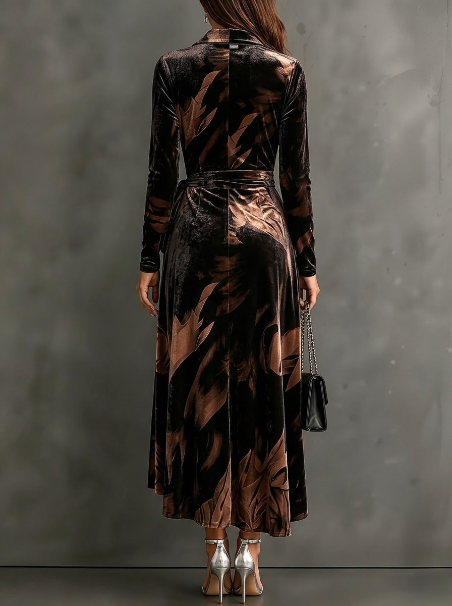 Velvet Wrap Collared Long Sleeve Abstract Print Tie Waist Asymmetrical Hem Midi Dress