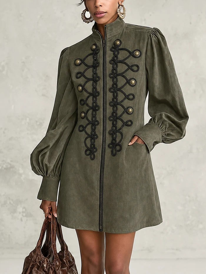 Olive Green Braided Embroidery Zip Front Lantern Sleeve Mini Dress
