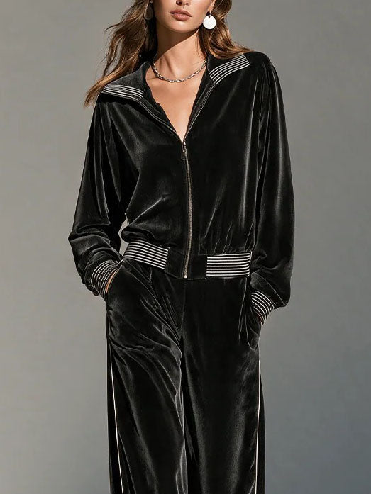 Velvet Striped Jacket Side Stripe Wide Leg Pants Two Piece