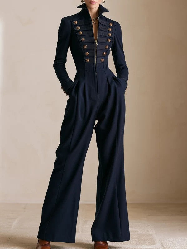 Navy Blue Military Style Stand Collar Button Wide Leg Jumpsuit