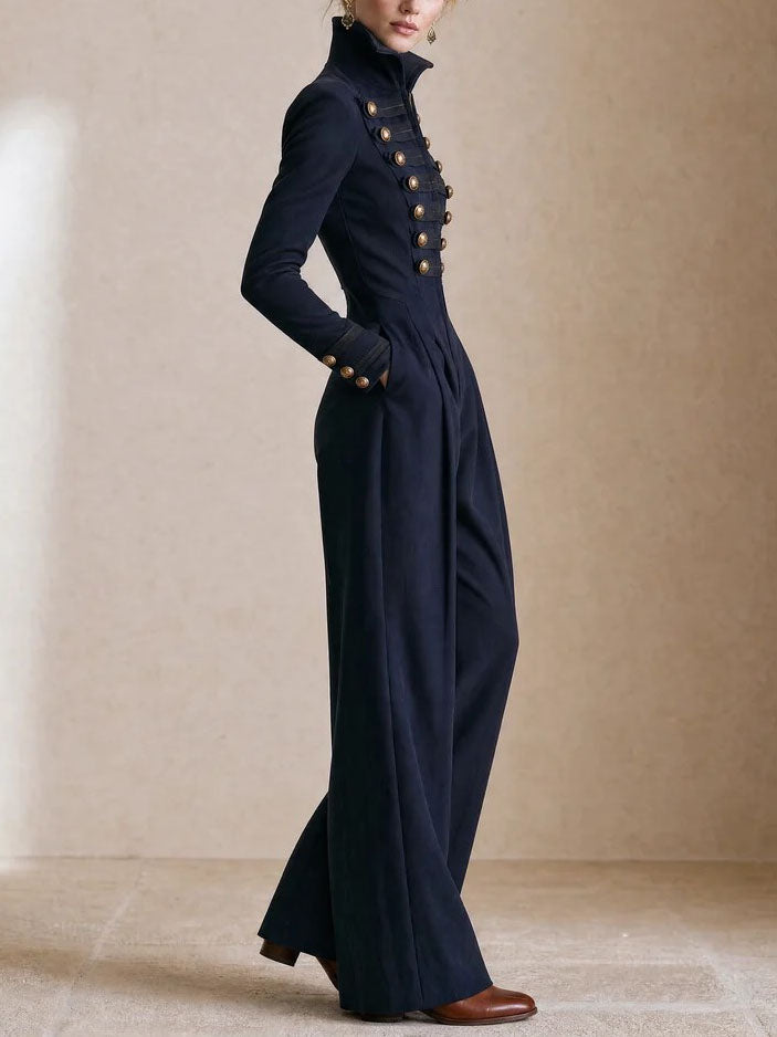 Navy Blue Military Style Stand Collar Button Wide Leg Jumpsuit