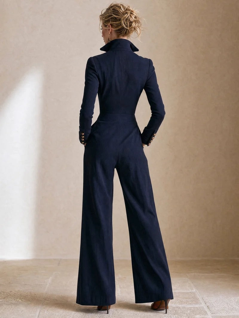 Navy Blue Military Style Stand Collar Button Wide Leg Jumpsuit