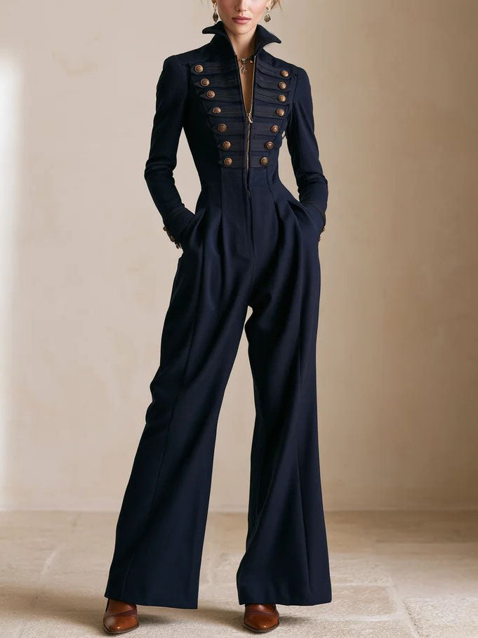 Navy Blue Military Style Stand Collar Button Wide Leg Jumpsuit