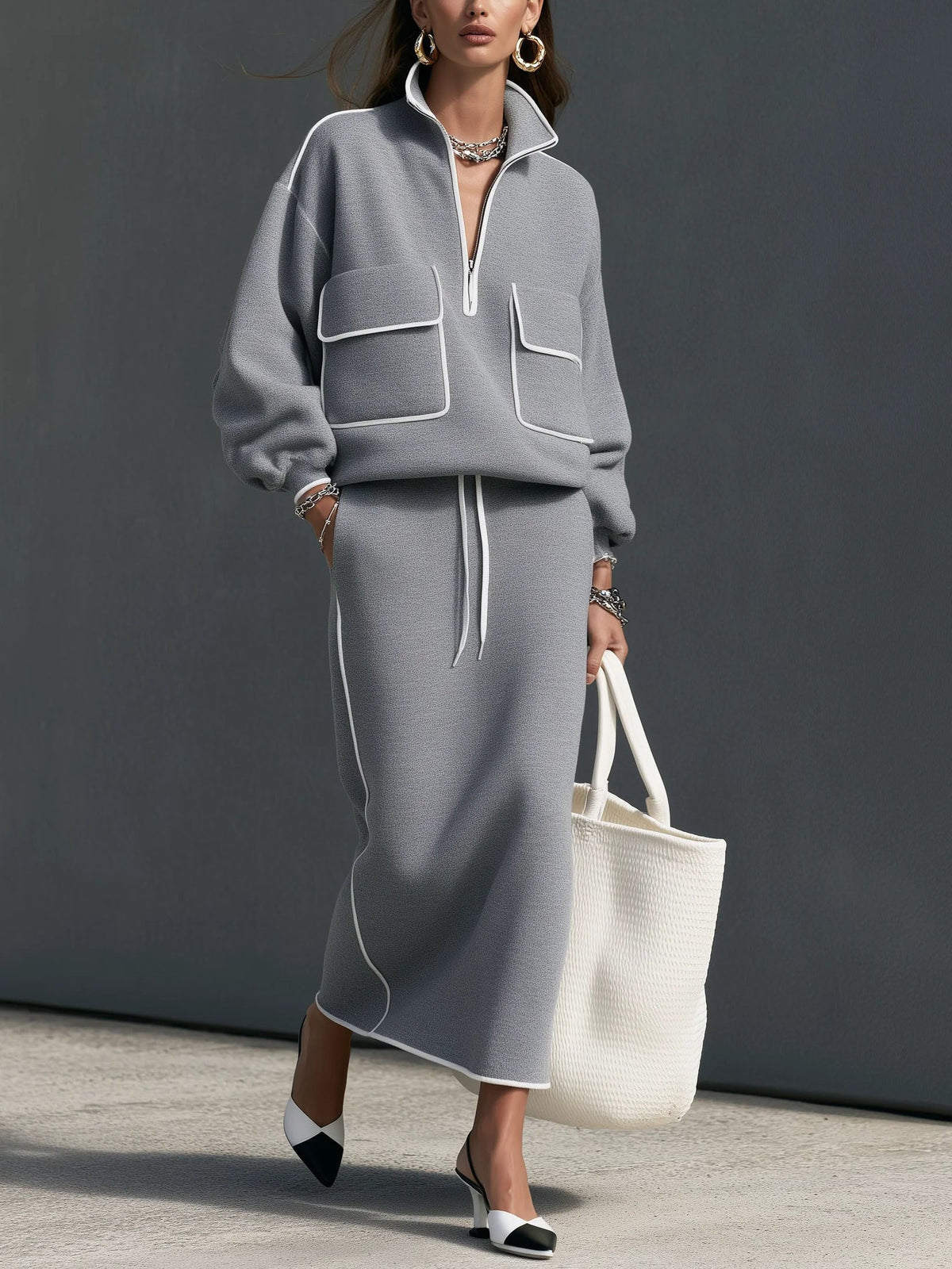 Grey Half Zip Pocket Sweatshirt Drawstring Midi Skirt Two Piece