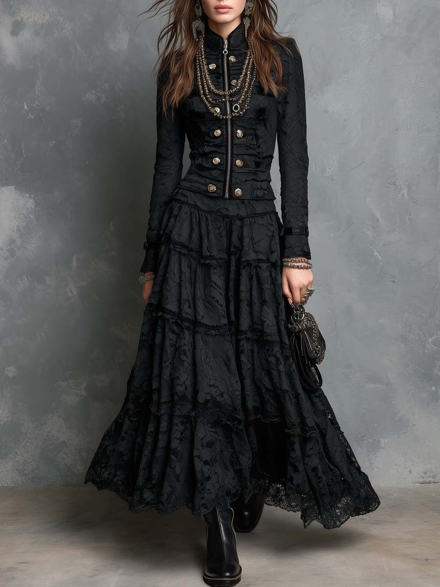 Black Lace Stand Collar Jacket Tiered Maxi Skirt Two Piece