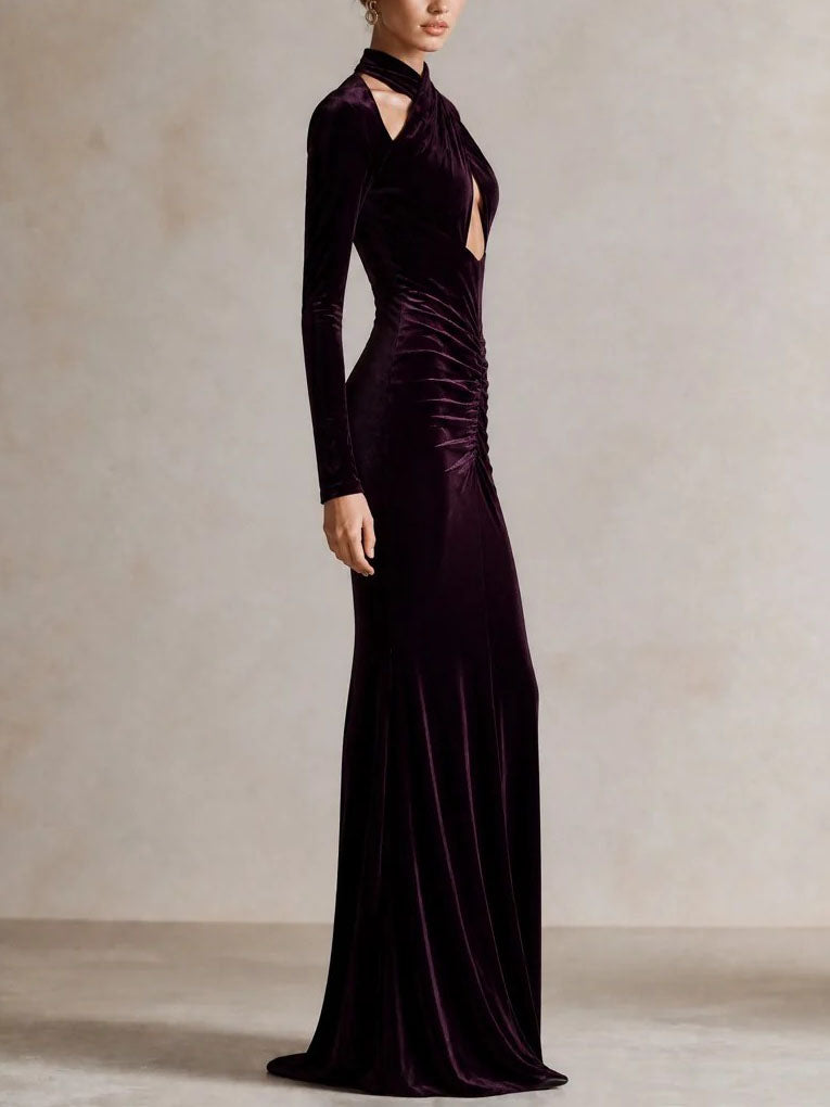 Dark Purple Velvet Crisscross Halter Cutout Mermaid Maxi Dress