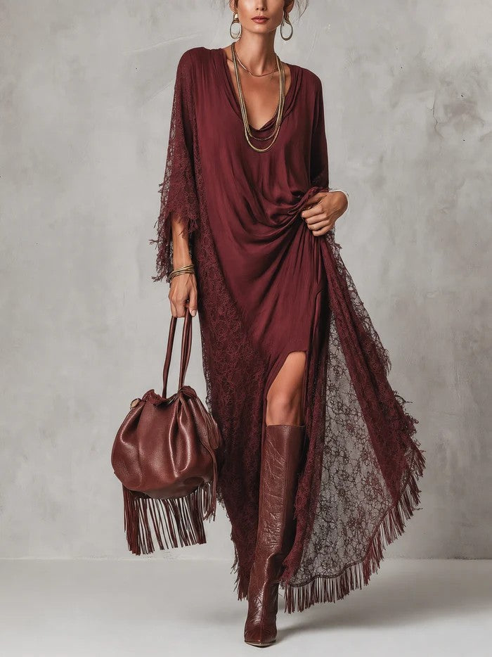 Burgundy Boho Lace Fringe Cowl Neck Long Sleeve Flowy Dress