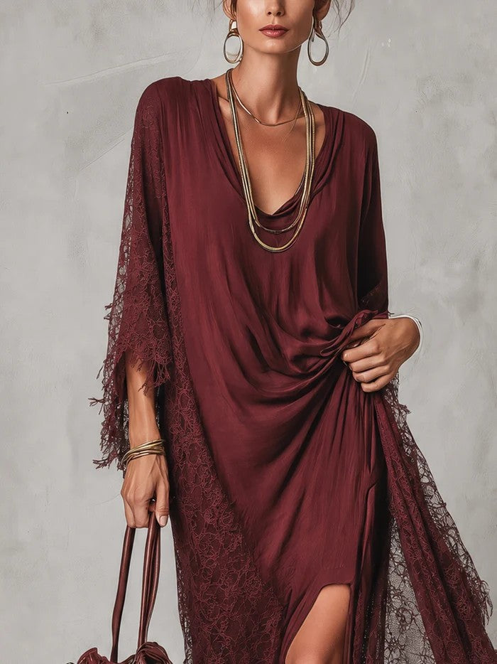 Burgundy Boho Lace Fringe Cowl Neck Long Sleeve Flowy Dress