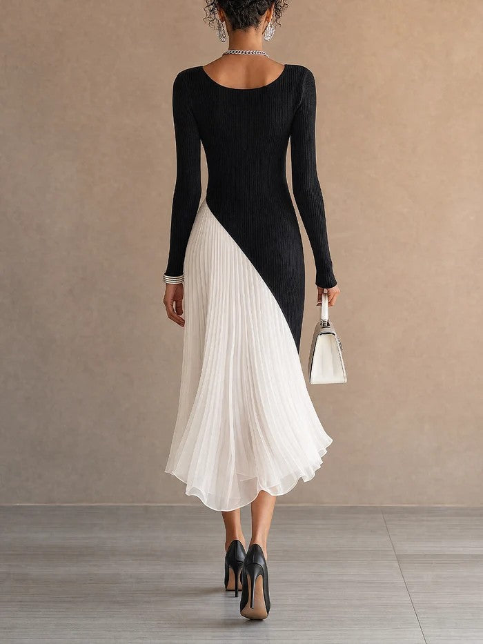 Black White Asymmetric Spliced Long Sleeve Knit Chiffon Pleated Dress