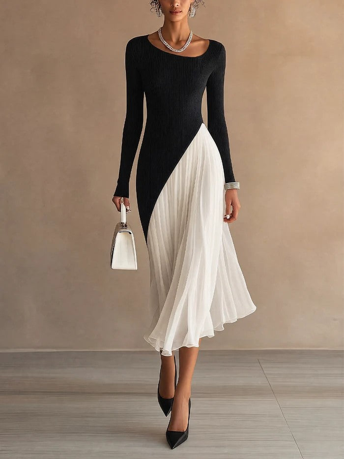 Black White Asymmetric Spliced Long Sleeve Knit Chiffon Pleated Dress