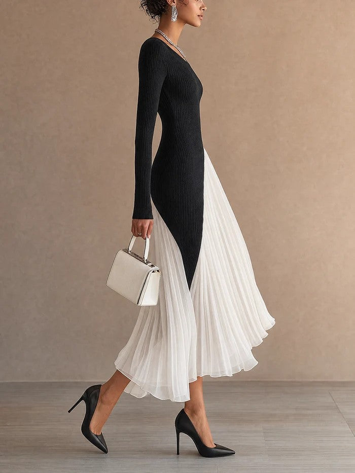 Black White Asymmetric Spliced Long Sleeve Knit Chiffon Pleated Dress