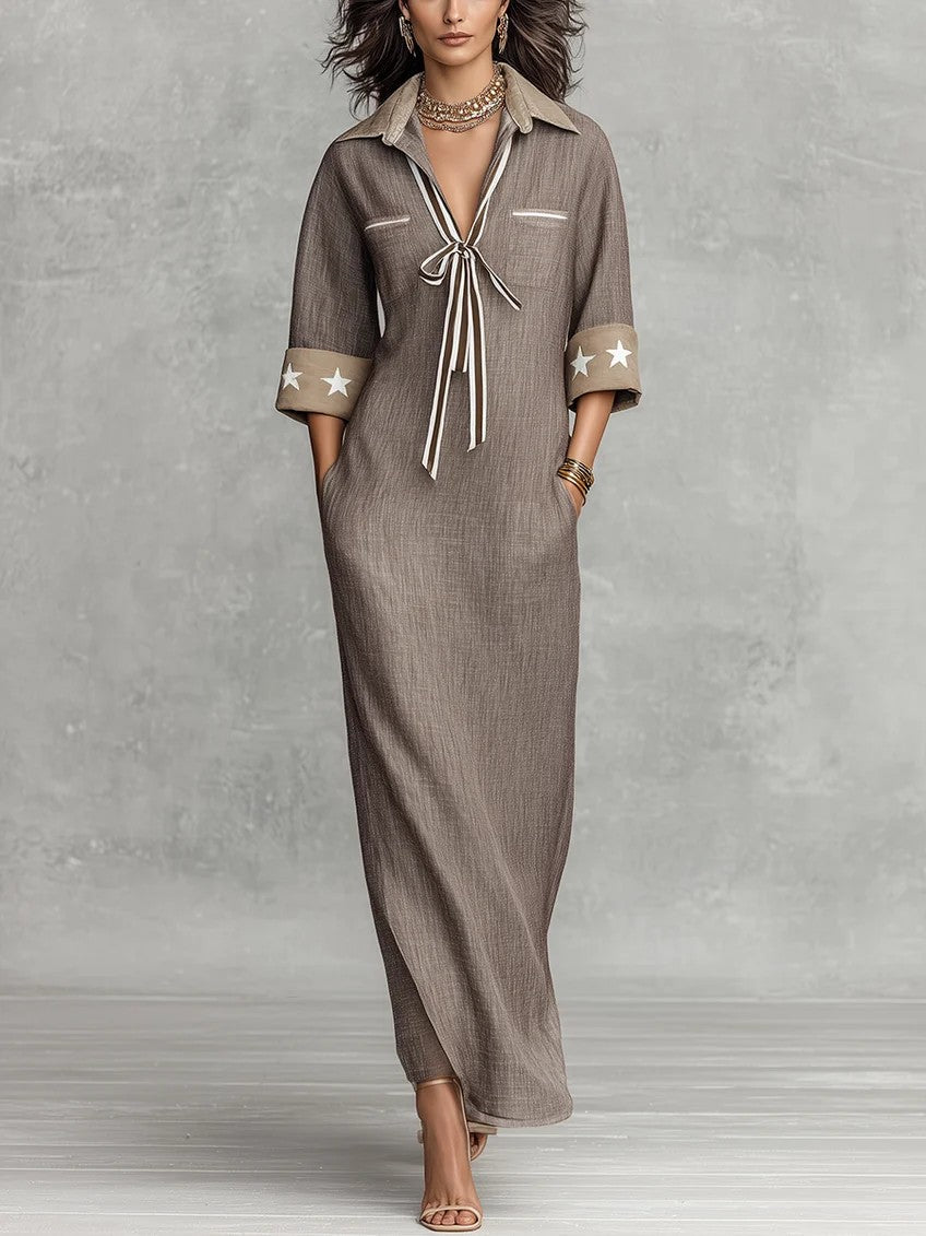 Taupe Linen Blend Shirt Collar Striped Tie Star Cuff Maxi Dress