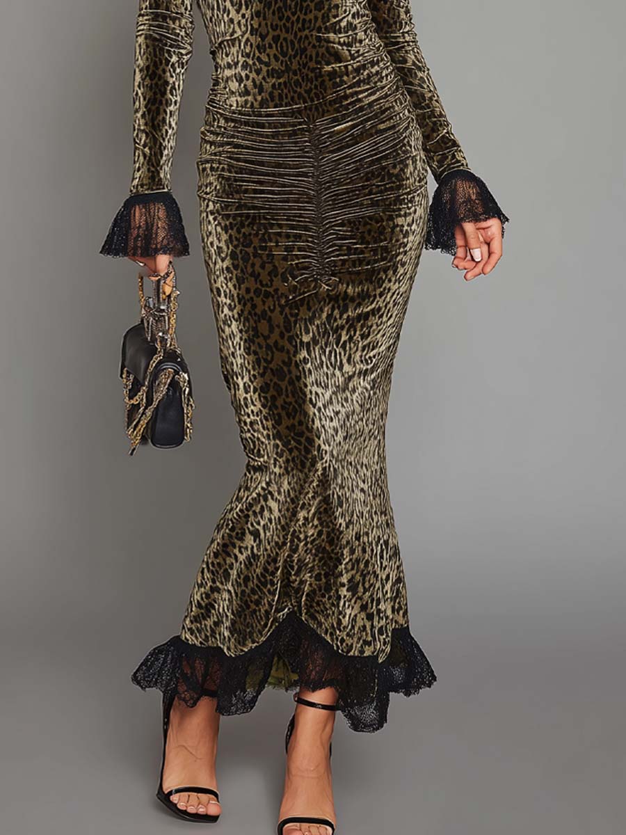 Olive Leopard Velvet Long Sleeve Lace Trim Cutout Ruched Mermaid Dress