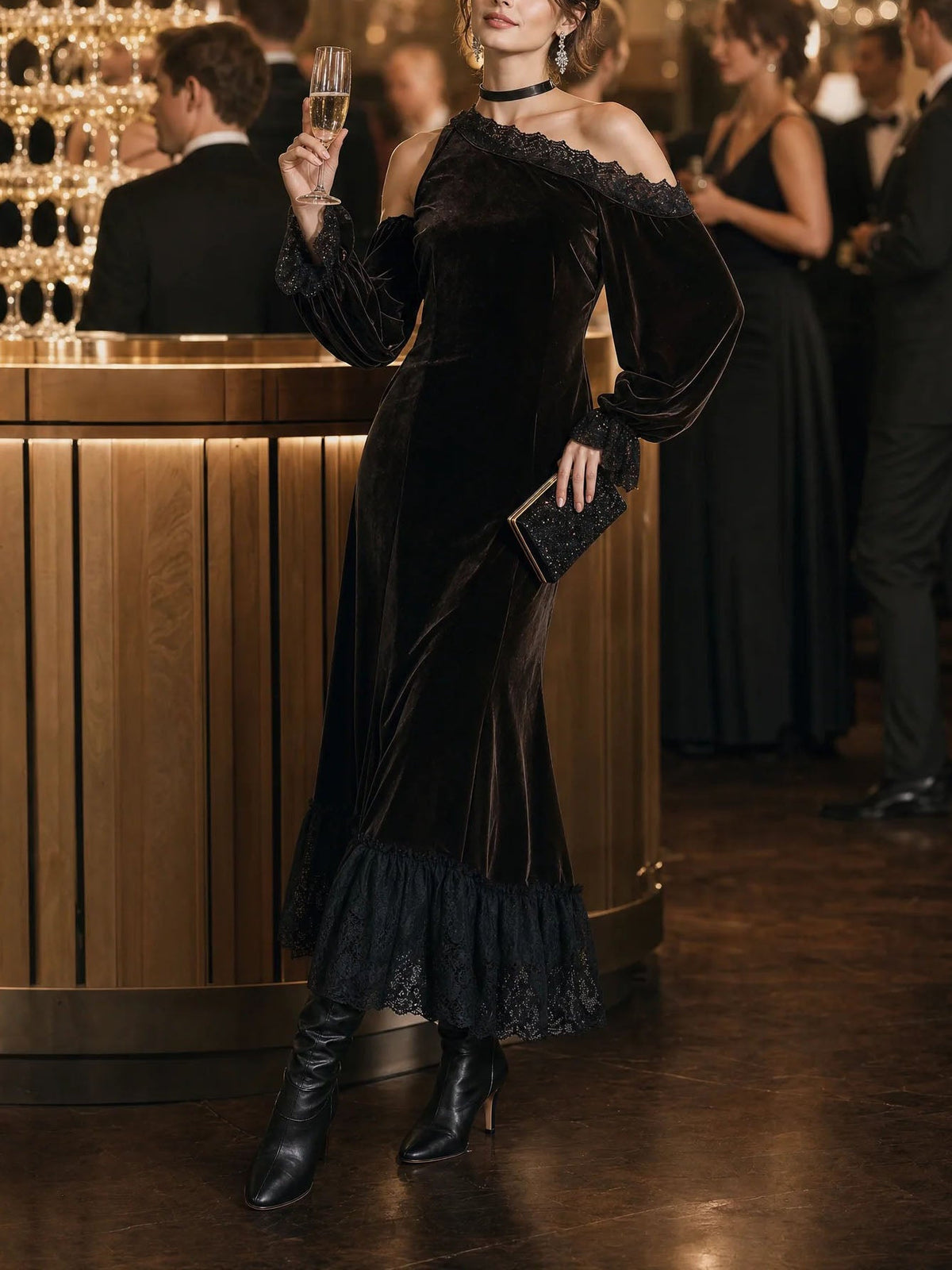 Dark Brown Velvet Off Shoulder Evening Maxi Dress