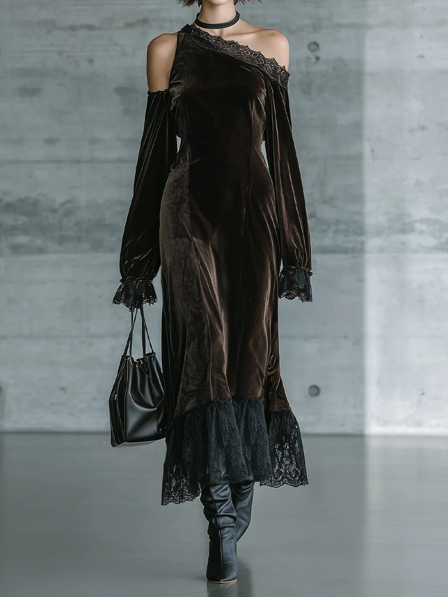 Dark Brown Velvet Off Shoulder Evening Maxi Dress