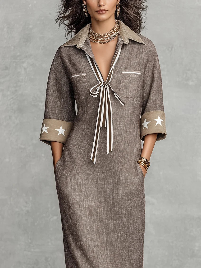 Taupe Linen Blend Shirt Collar Striped Tie Star Cuff Maxi Dress