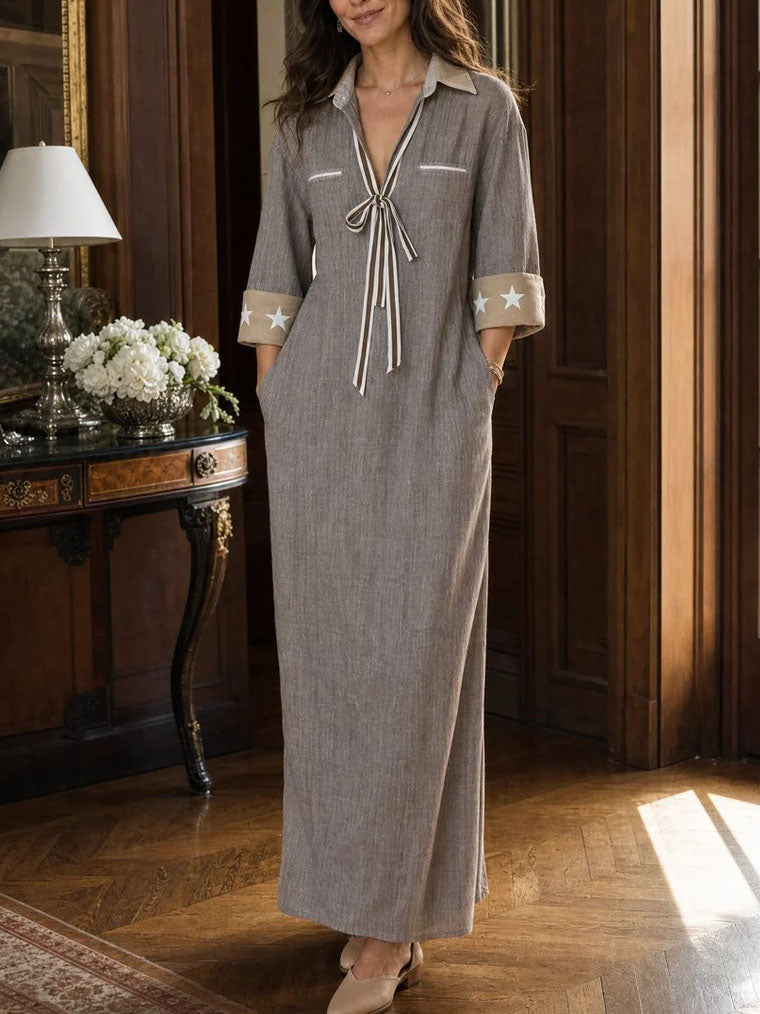 Taupe Linen Blend Shirt Collar Striped Tie Star Cuff Maxi Dress