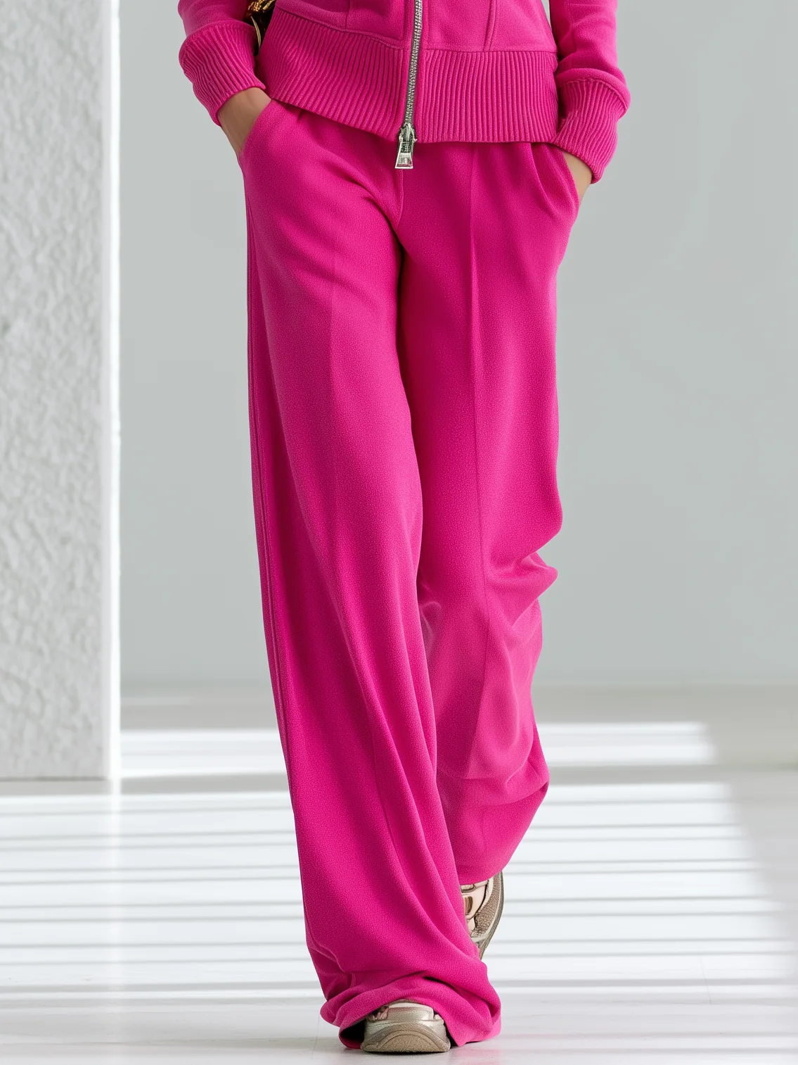 Hot Pink Hooded Zip-Up Two-Piece Pants Set