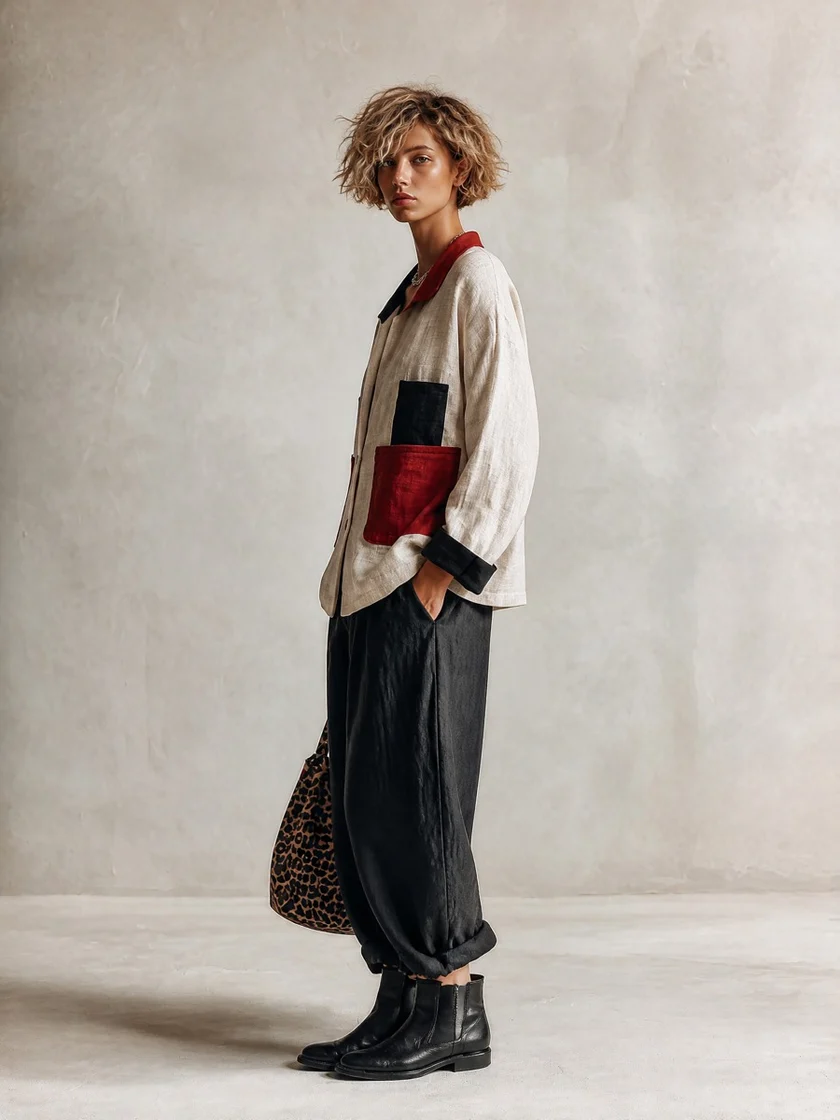 Chic Color Block Pocket Shirt and Relaxed Black Wide Leg Pants Set