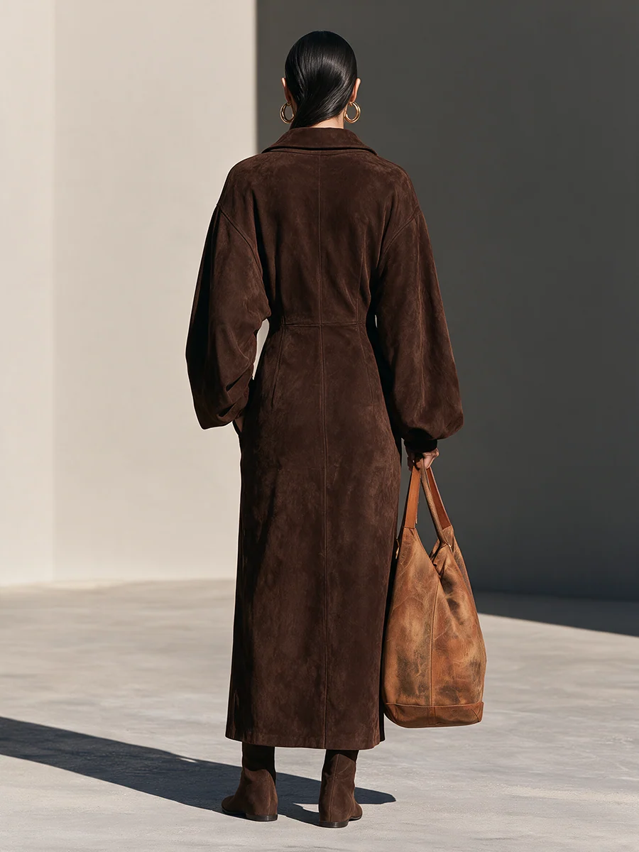 Elegant Brown Faux Suede Half-Zip Long Sleeve Maxi Dress with Side Slit