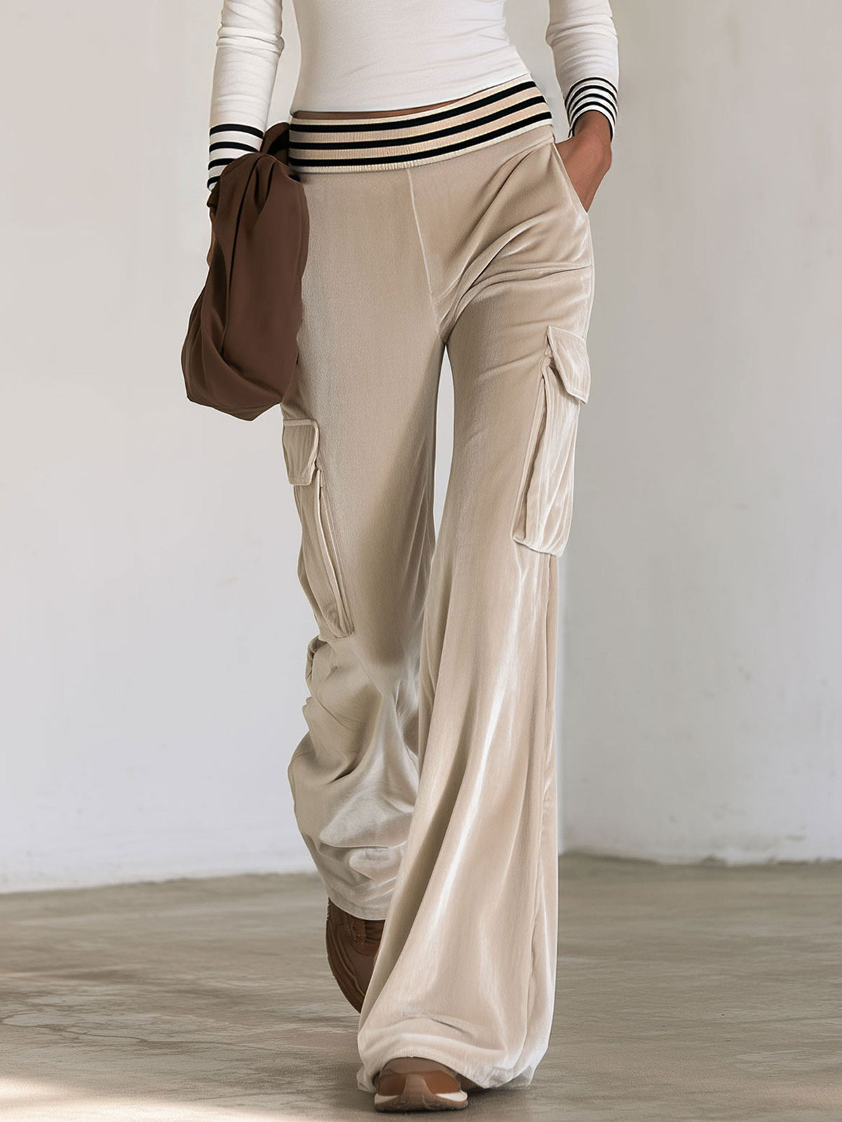 White Striped Top And Beige Velvet Cargo Wide Leg Pants Set
