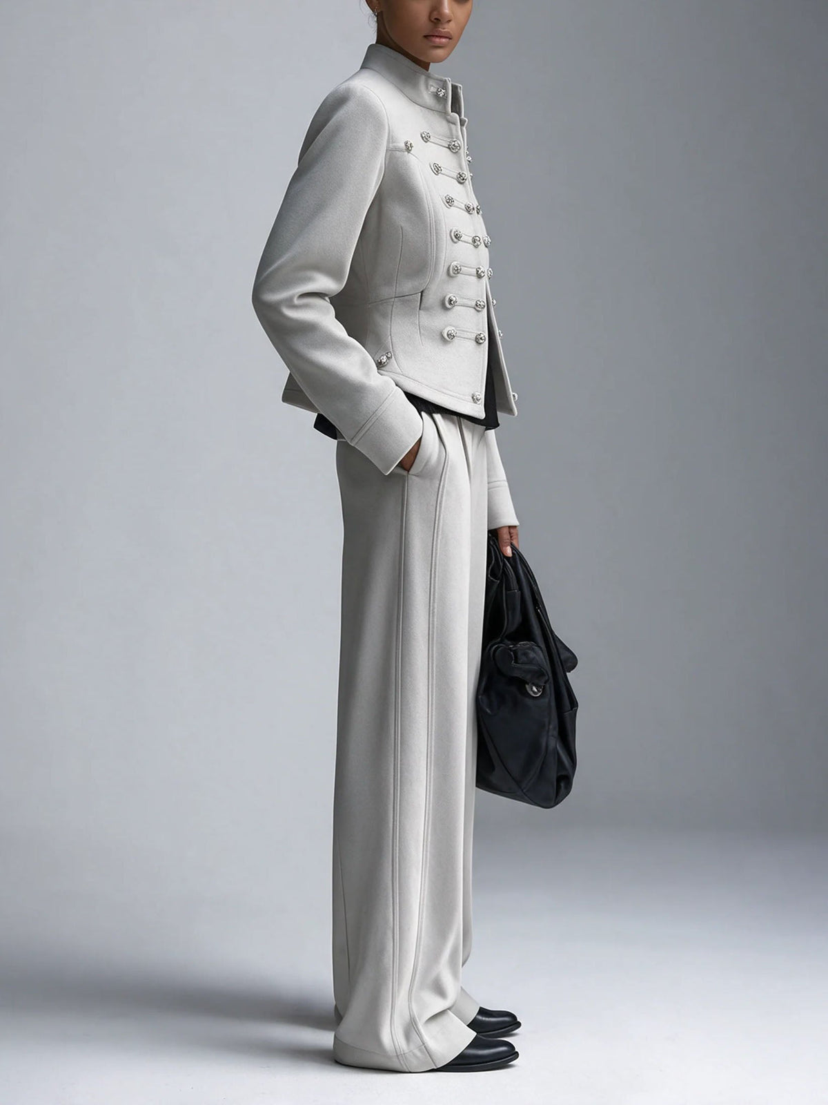 Military Style Stand Collar Jacket High Waist Flared Pants Set