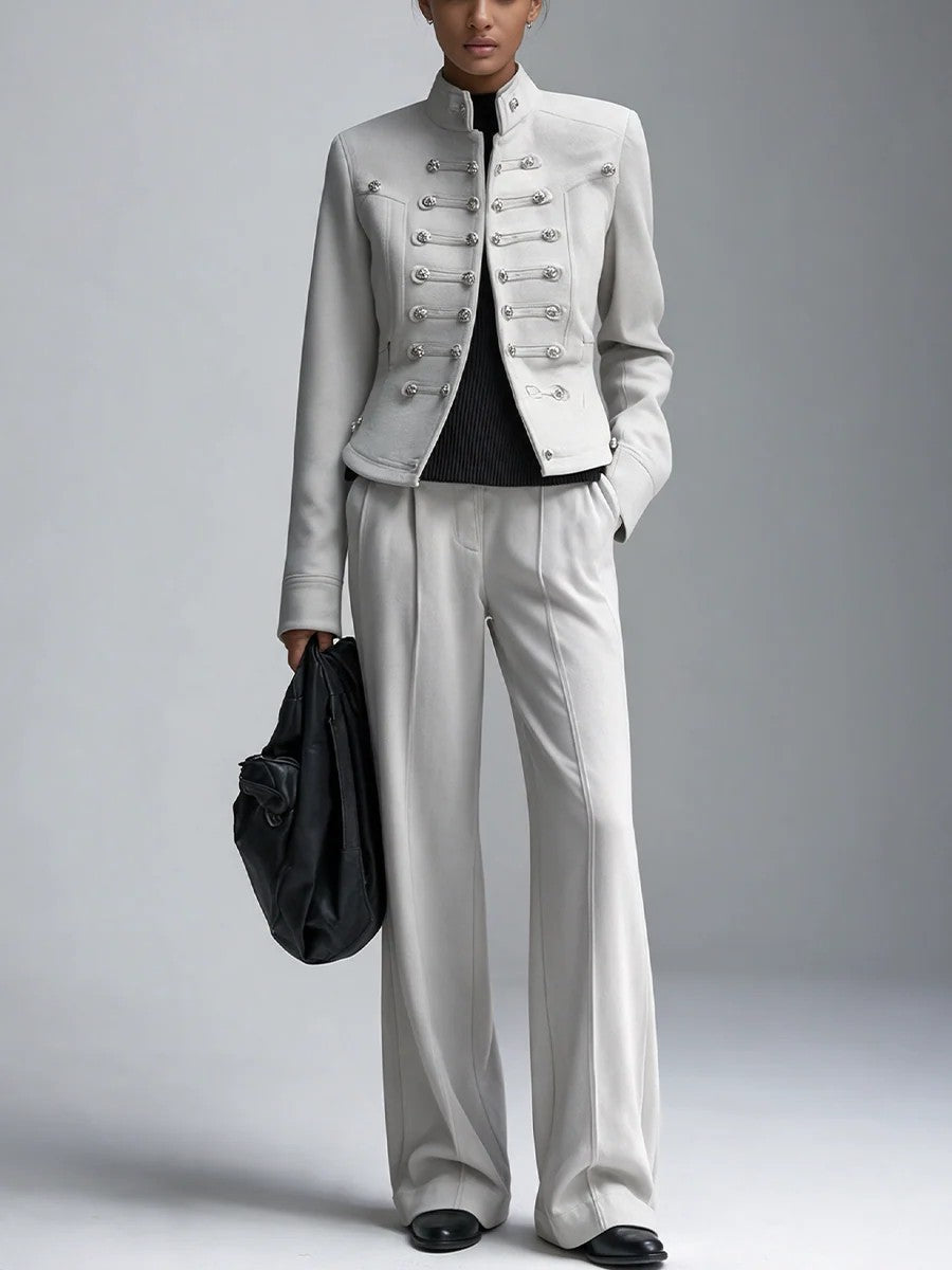 Military Style Stand Collar Jacket High Waist Flared Pants Set
