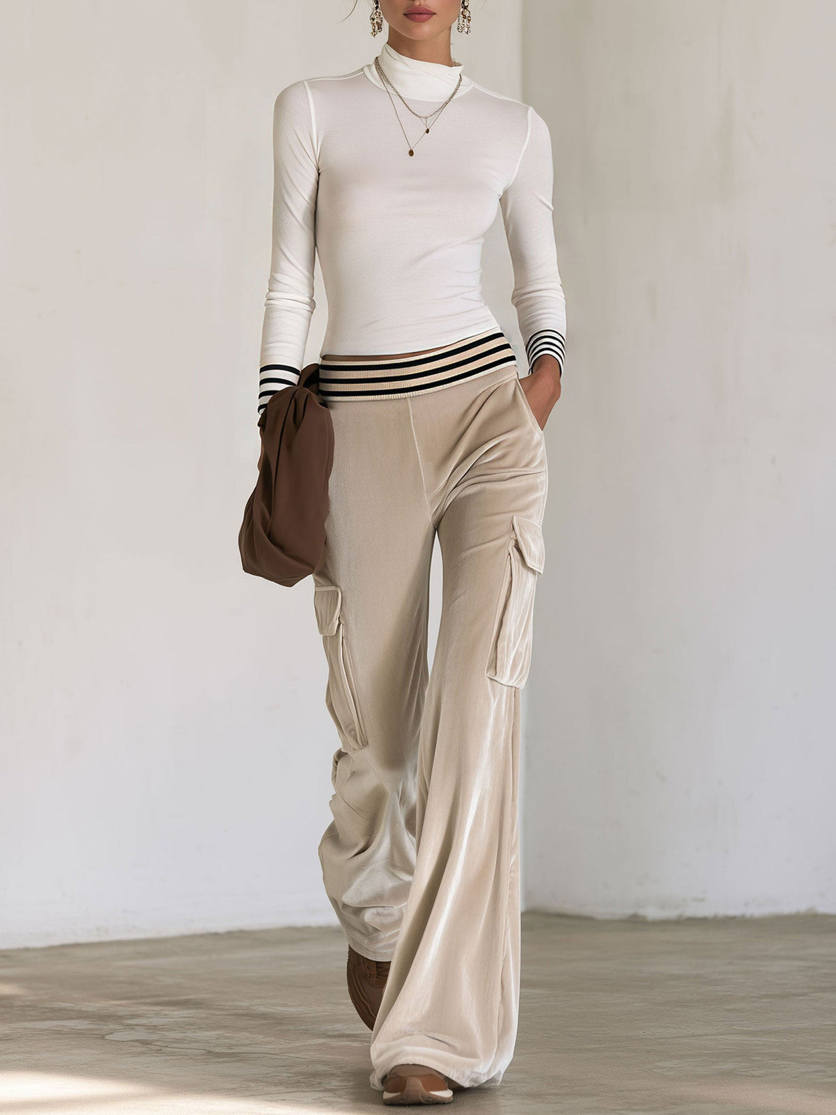 White Striped Top And Beige Velvet Cargo Wide Leg Pants Set