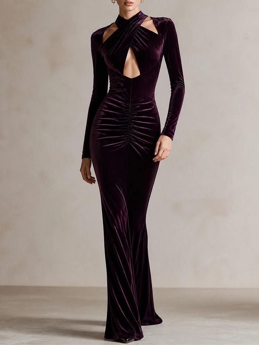 Dark Purple Velvet Crisscross Halter Cutout Mermaid Maxi Dress