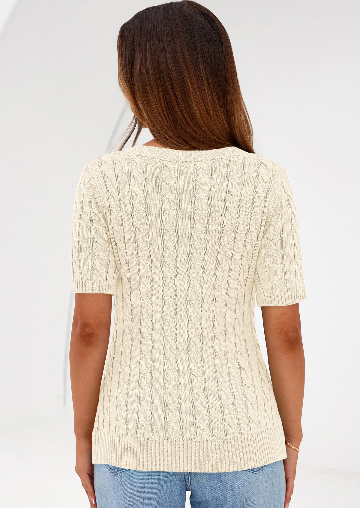 Women's Cable Knit Sweater – Short Sleeve V-Neck Fitted Top