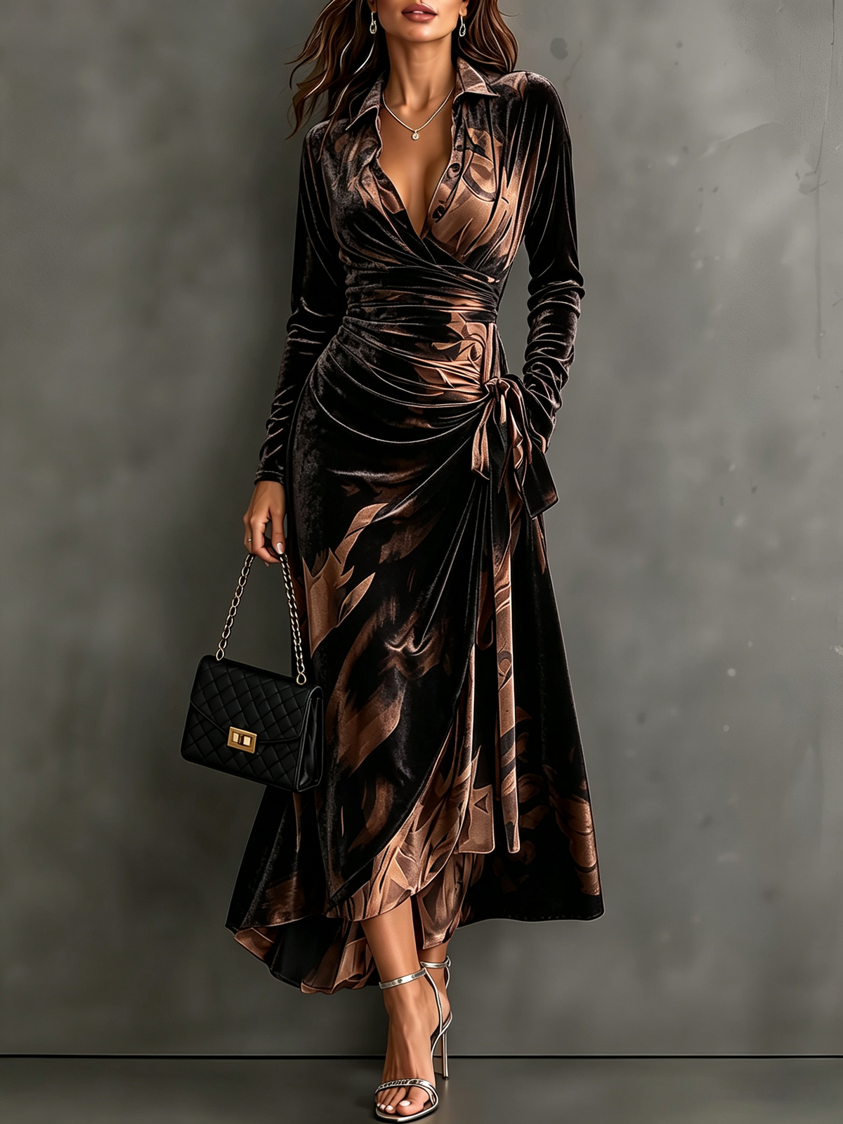 Velvet Wrap Collared Long Sleeve Abstract Print Tie Waist Asymmetrical Hem Midi Dress