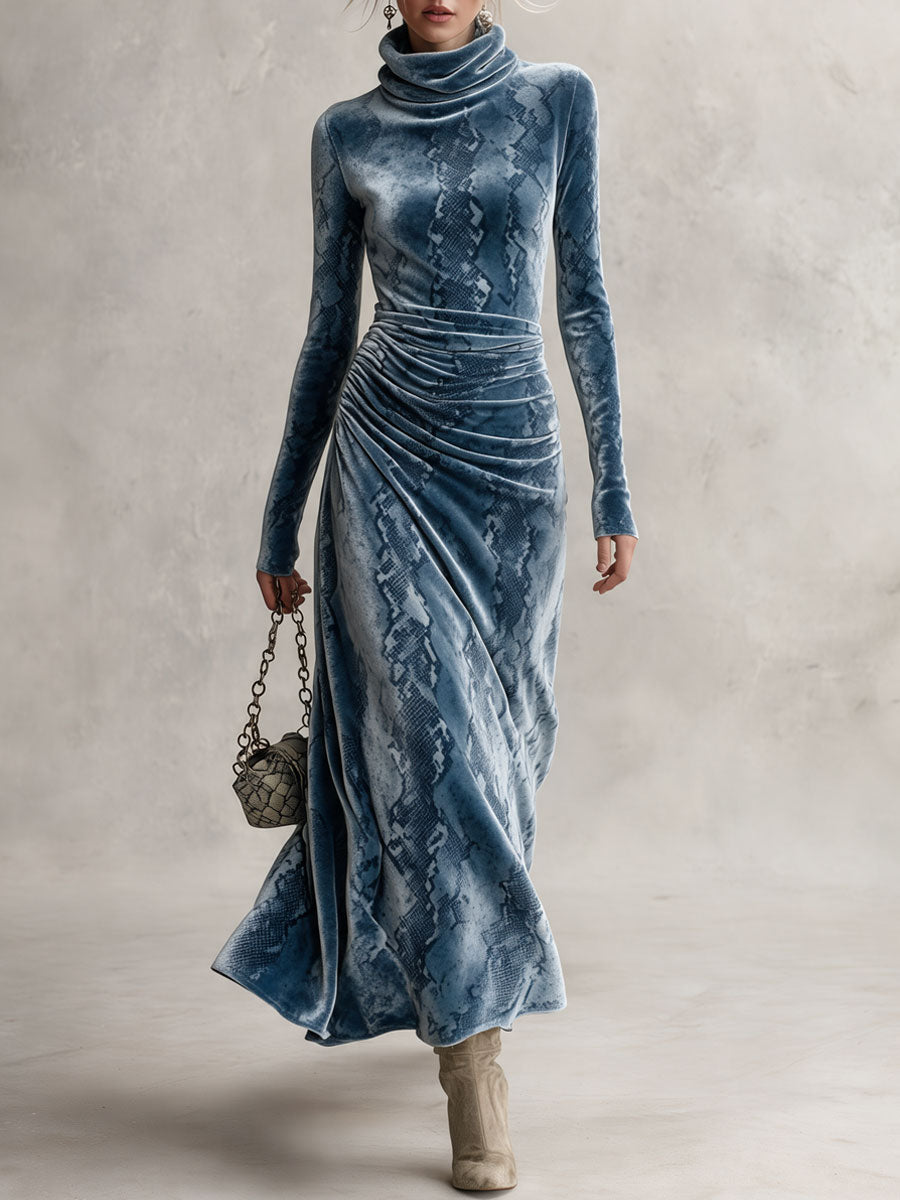 Blue Snake Print Velvet Turtleneck Long Sleeve Maxi Dress
