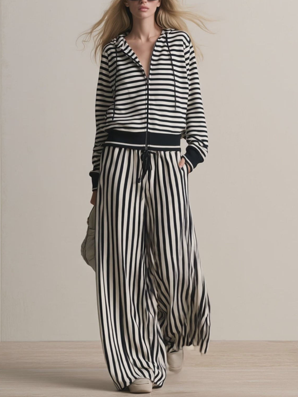 Black White Stripe Zip Up Hoodie Wide Leg Pants Two Piece