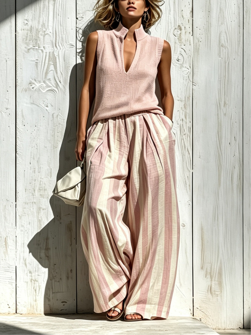 Pink Casual sleeveless top and loose striped trousers set