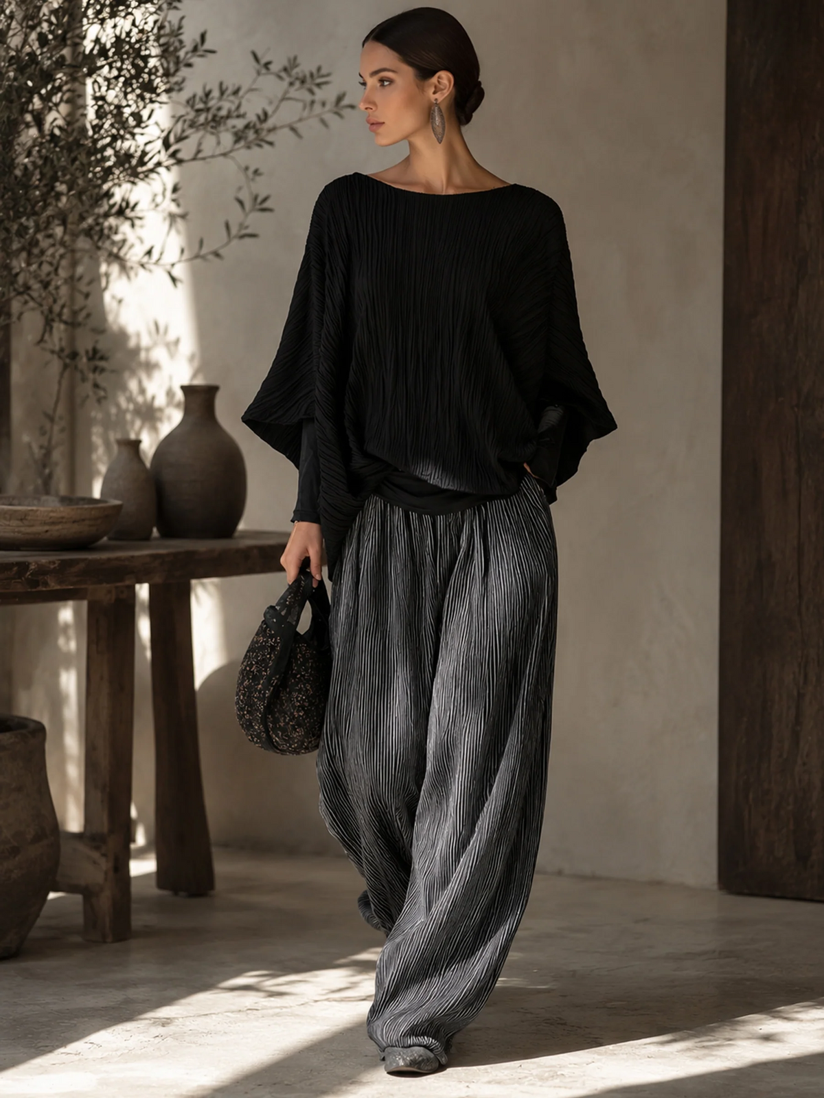 Relaxed Pleated Batwing Top and Wide-Leg Pants Two-Piece Set