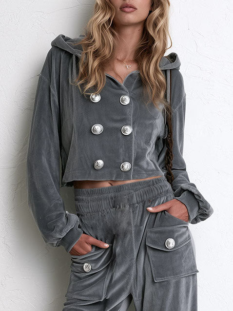 Grey Velvet Hooded Cropped Jacket Button Pants Two Piece Set