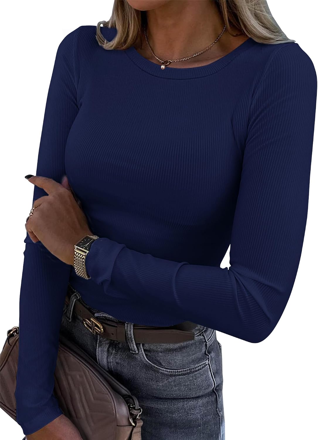 Roselux Womens Long Sleeve Stretch Crewneck Ribbed T-Shirt Fitted Casual Basic Tops